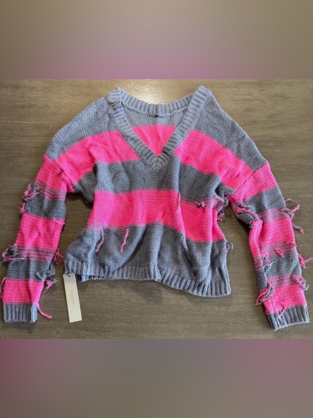 NWT One Grey Day Sweater Striped Pink Grey L